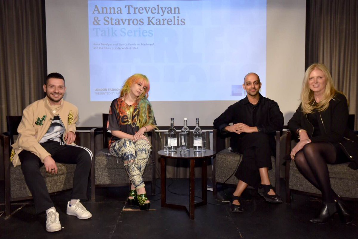 LondonFashionWk's tweet photo. Stavros Karelis @MACHINE_A, @annatrevelyan, @dalchodha &amp; Lisa Gregg @AmexUK in conversation at the #LFW Talk Series https://t.co/fLNA5sZJOf