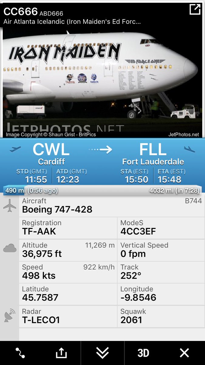 flightradar24's tweet photo. ✈️ @IronMaiden and #EdForceOne are on their way to @FLLFlyer to begin their tour. Track all flights with #ABD666. https://t.co/34G6ZHRUPd