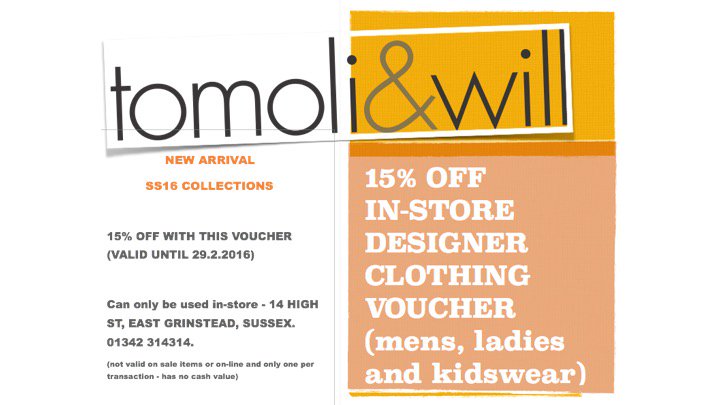 tomoli_will's tweet photo. 15% OFF IN-STORE VOUCHER (exc sale and online purchases)  VALID TO 29.2.16.  NEW SS16 ARRIVALS ARE NOW IN! https://t.co/BiP1SEbTJm
