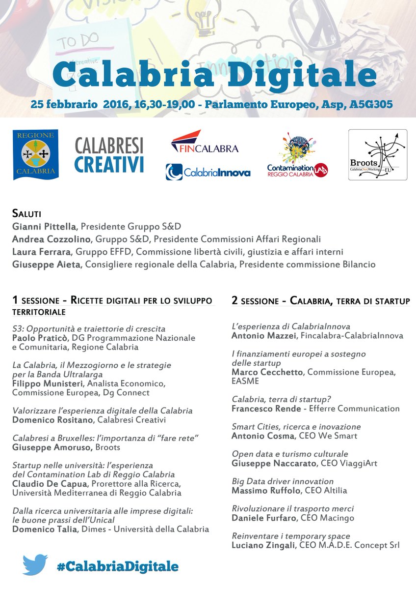 calabriativi's tweet photo. L'ecosistema dell'innovazione calabrese si trasferisce a Bruxelles! Ci vediamo il 25 Febbraio per #CalabriaDigitale https://t.co/nYjQ3MODdO