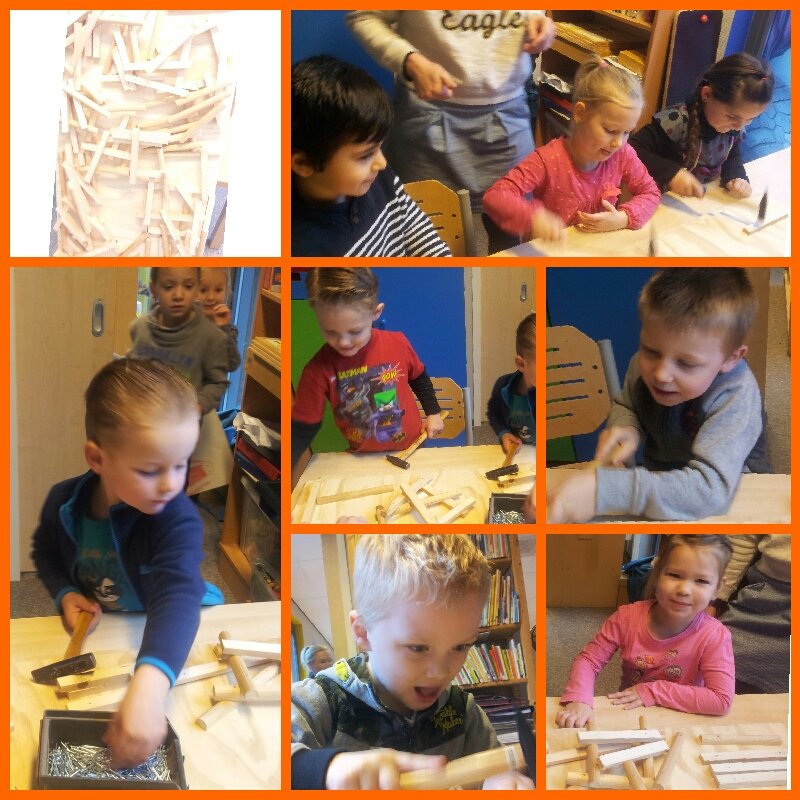 Vandaag hadden we heel wat timmermensen op school. Er werd wat afgetimmerd. Gelukkig sloeg niemand op zijn duim.
