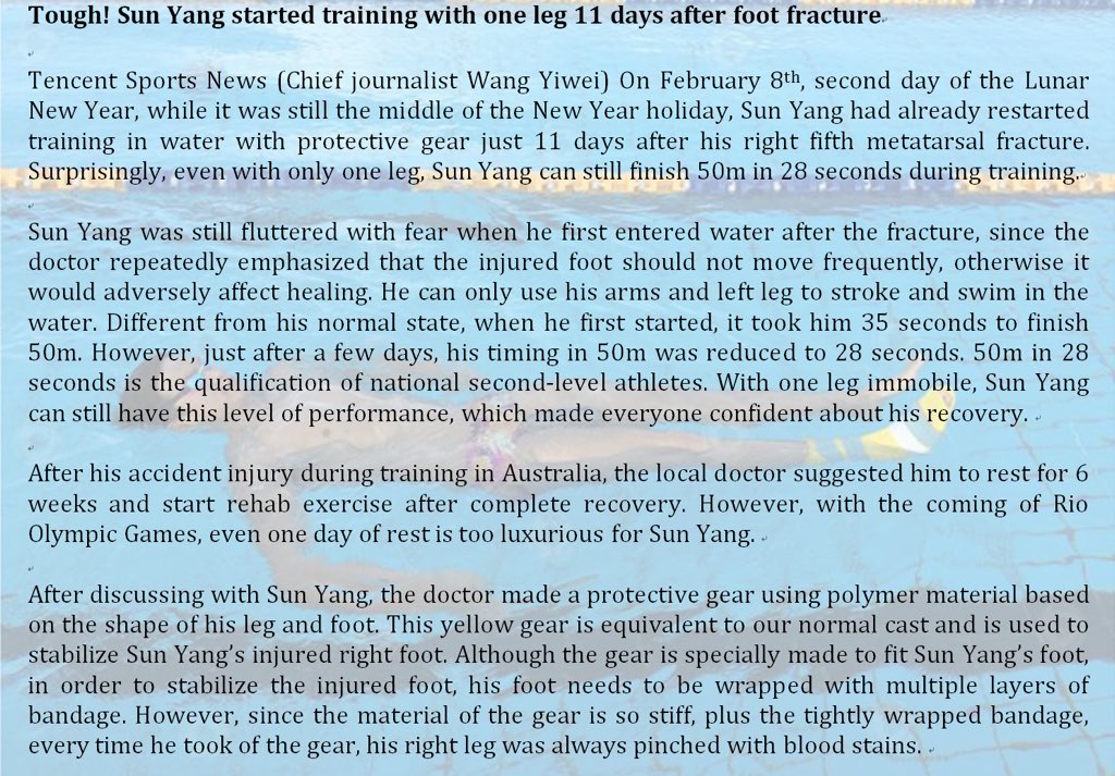 SunYang1201's tweet photo. Tough! Sun Yang started training with one leg 11 days after foot fracture
#SunYang #孙杨 #swimming #Rio2016 #olympics https://t.co/2pbeFySHuD