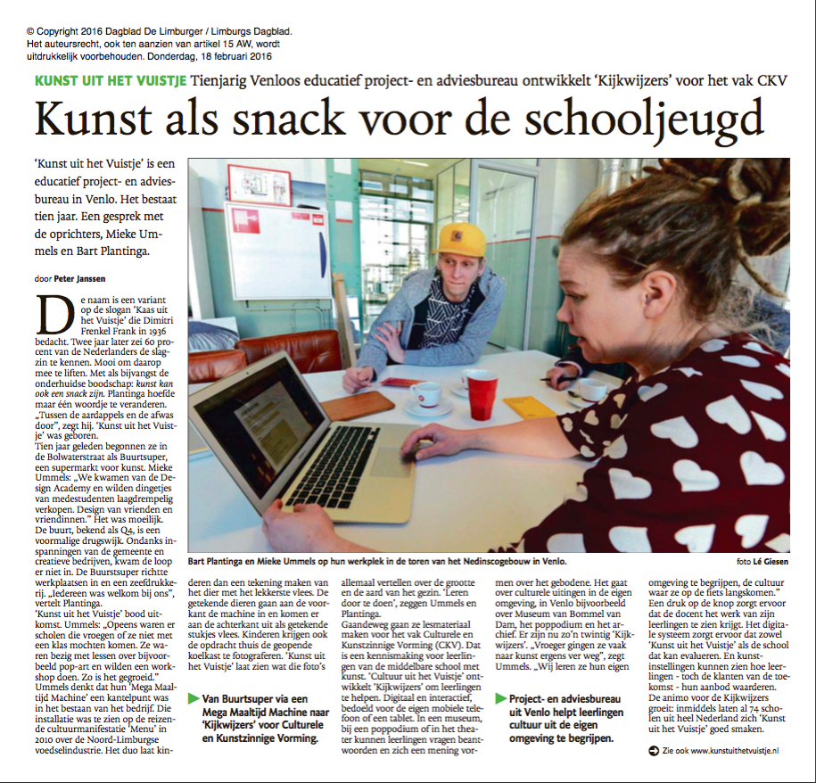 Leuk artikel over ons 10 jarig bestaan in <a href="/delimburger/">De Limburger</a>! #cultuureducatie #kunst #trots