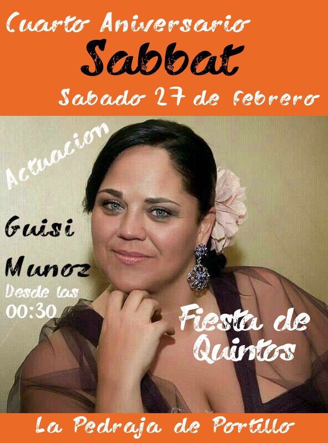 SabbatBar's tweet photo. El sábado 27 a las 00:30... CUARTO ANIVERSARIO y Fiesta de Quintos en el @SabbatBar con la actuación de GÜISI MUÑOZ https://t.co/LOaQ3ROqO4