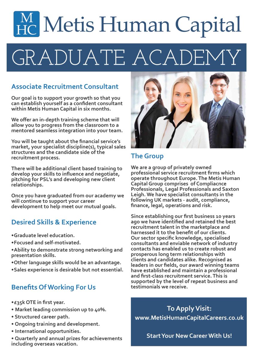 MetisHC's tweet image. MHC is looking ++ #graduates to start in recruitment this spring!
Apply b4 4th March &amp;amp; visit goo.gl/vy8bUZ