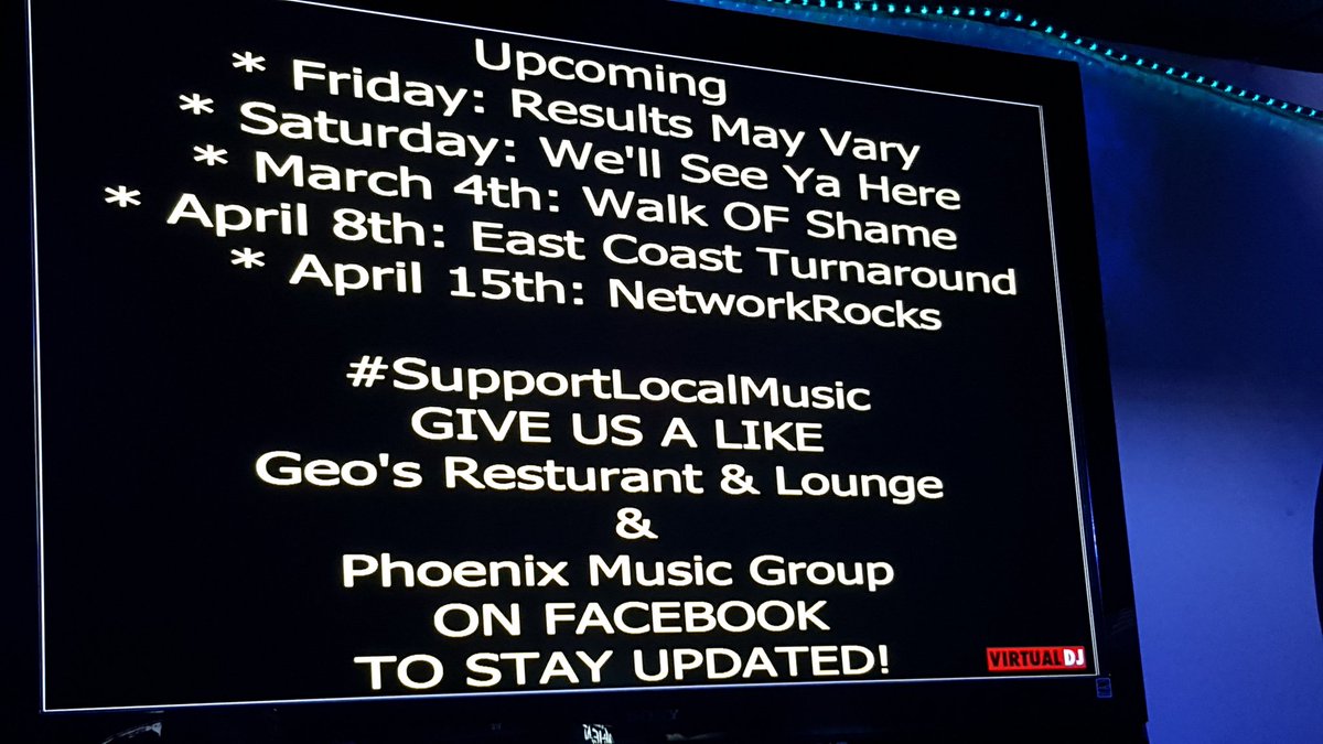 PhoenMusicGroup's tweet photo. Upcoming bands!
@Rmv4me @ectband @WalkofShameBand at @GeosLounge!
#SupportLocalMusic https://t.co/DUbLvqoop4