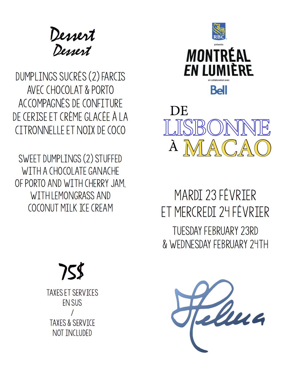 Voici notre menu tout spécial pour les 23 et 24 février à l'occasion du festival <a href="/MTLenLumiere/">MONTRÉAL EN LUMIÈRE</a>! Réserv: 514 878-1555