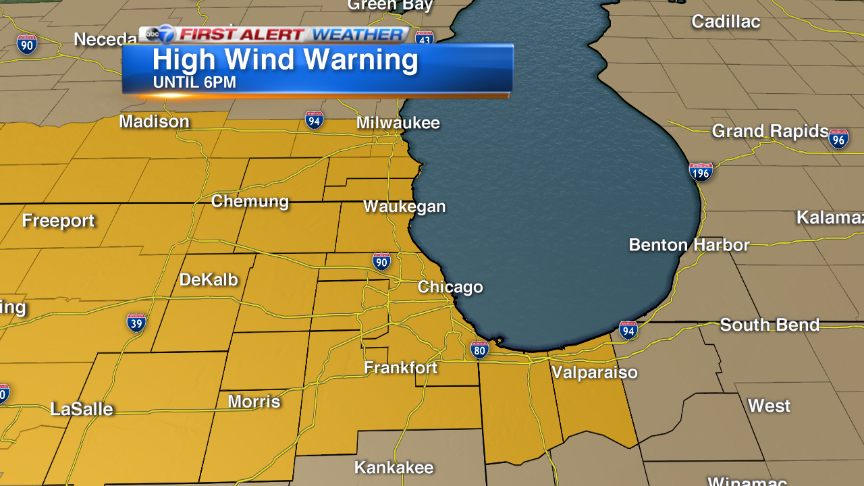 TroyABC7's tweet photo. HIGH WIND WARNING in effect until 6pm for the #Chicago area. Wind gusts of at least 58 mph possible https://t.co/JQtjg8D944