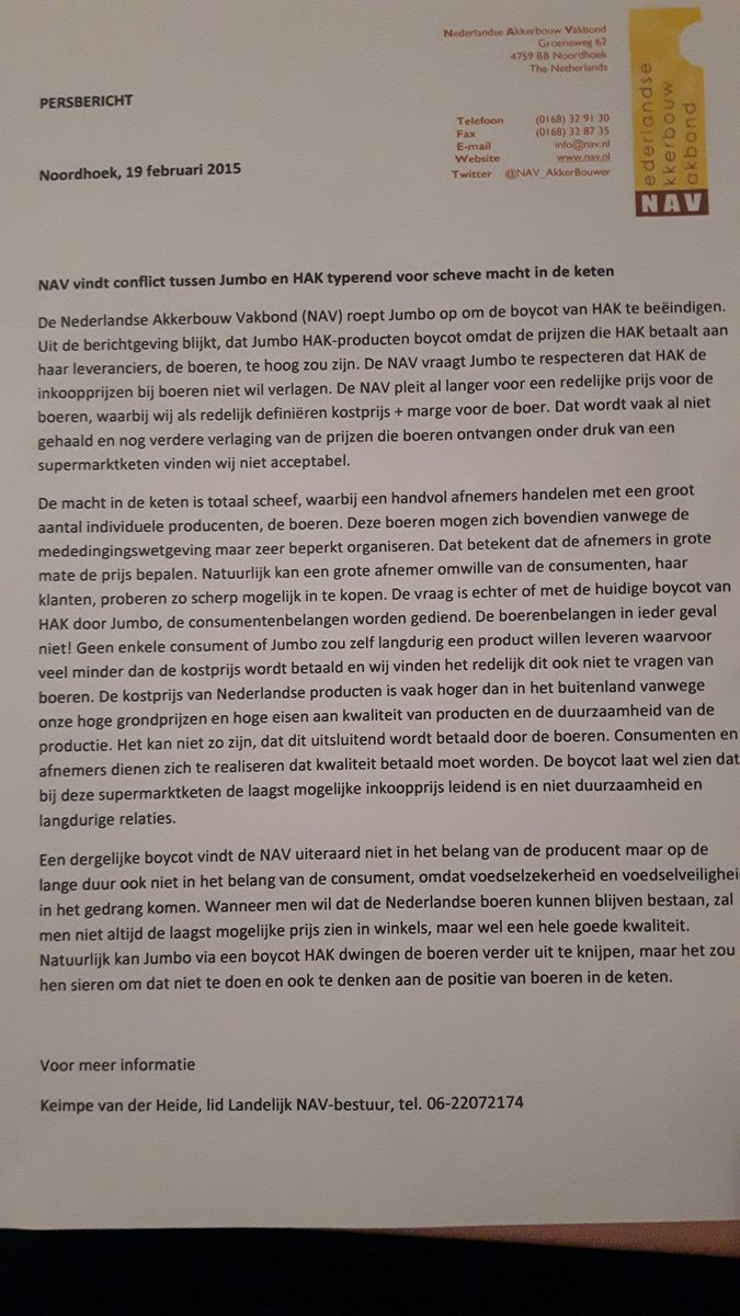 Hallo JUMBO hebben jullie geen HAK groente meer dan wordt het DAAG Jumbo
<a href="/lientje1967/">Caroline van der Plas</a> @NVVnieuws
