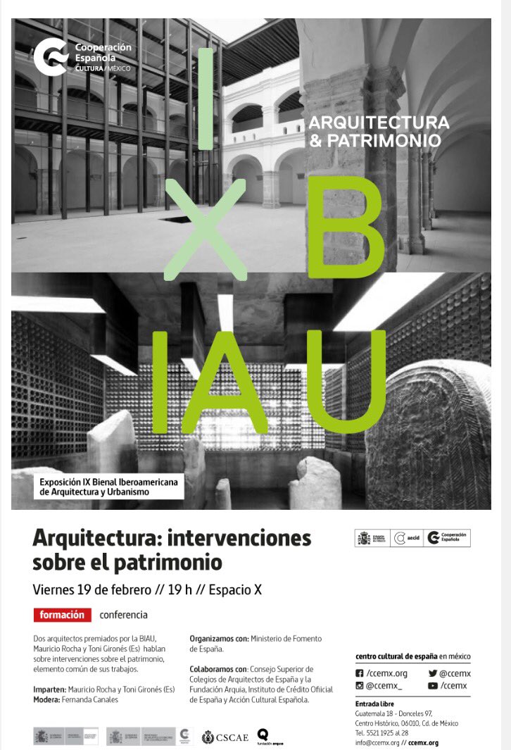 Hoy <a href="/MauricioRochaI/">Mauricio Rocha</a> hablará de arquitectura y patrimonio junto con Toni Gironés. Modera <a href="/fernandacanale/">Fernanda Canales</a>