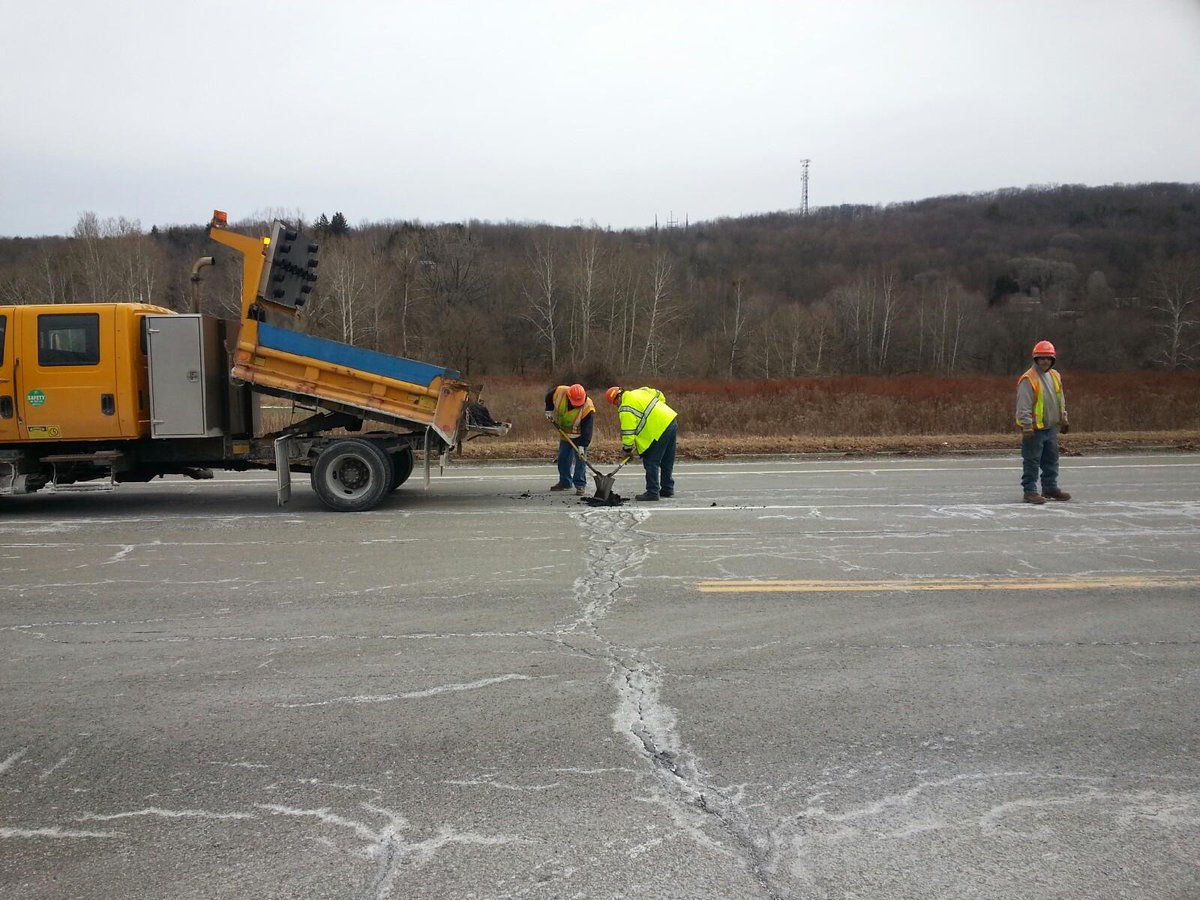 NYSDOTBGM's tweet photo. #NYSDOT forces #patchingpotholes in Broome County. When it's not snowing, there's other important work to do. https://t.co/mQVkR9IPFv