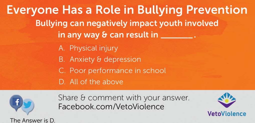 CDCInjury's tweet photo. Impacts of youth bullying: injury, anxiety, depression, poor school performance. #VetoViolence https://t.co/LEpfz2t2Zi