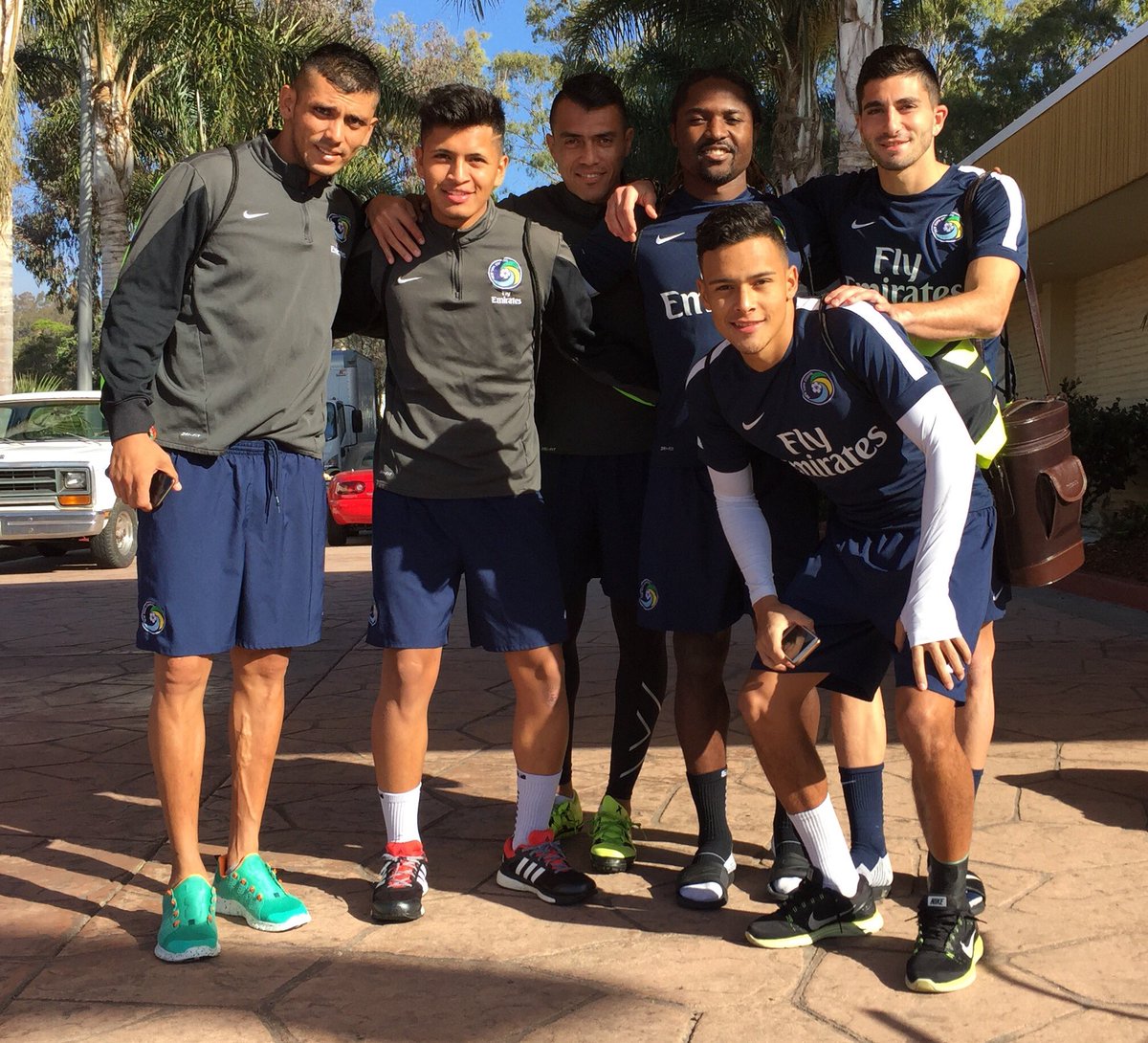 NYCosmos's tweet photo. Here's Yasmani Duk with some new teammates before his first preseason training session!

#CosmosinCali #NYCosmos https://t.co/rQR1M5Ucri
