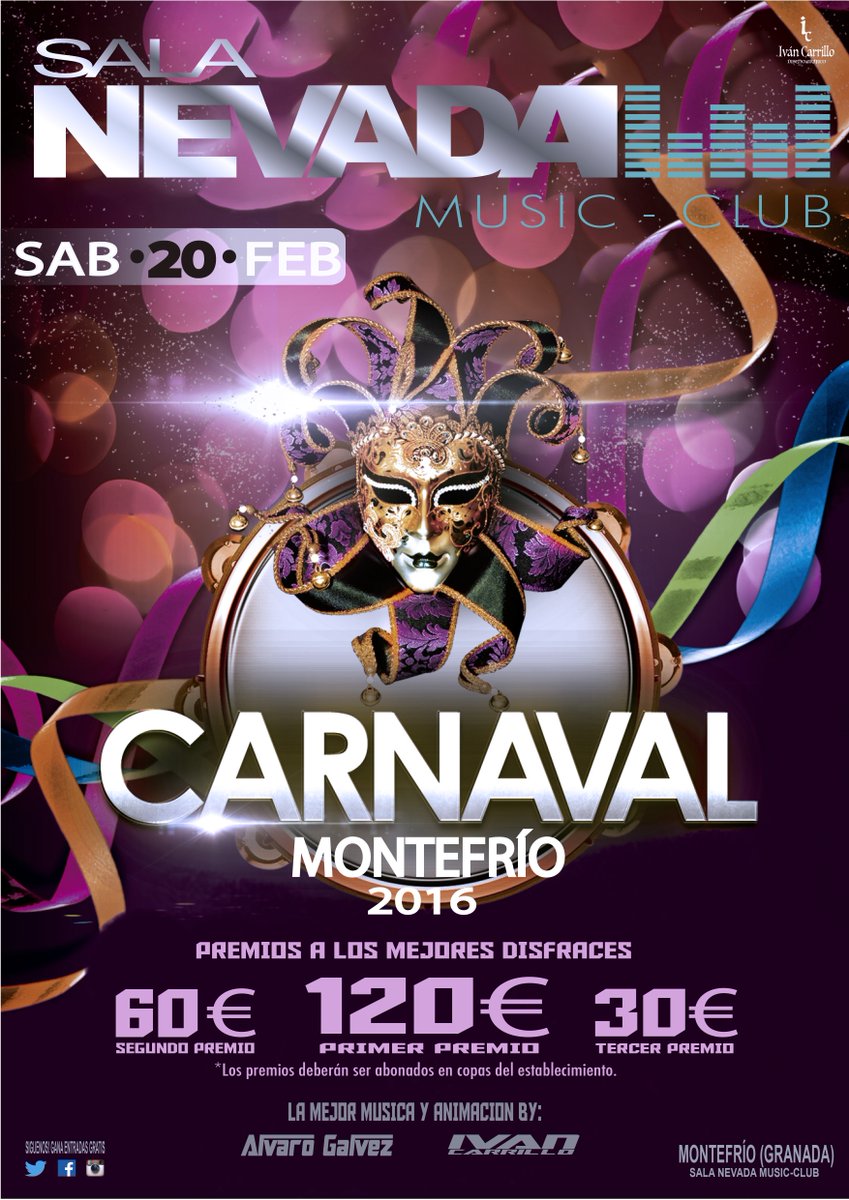 SalaNevada's tweet photo. SALA NEVADA MUSIC CLUB
SAB·20·FEB

Prepara tu mejor disfraz porque llega.. C A R N A V A L MONTEFRIO 2016! https://t.co/oXYZ1ohZyi