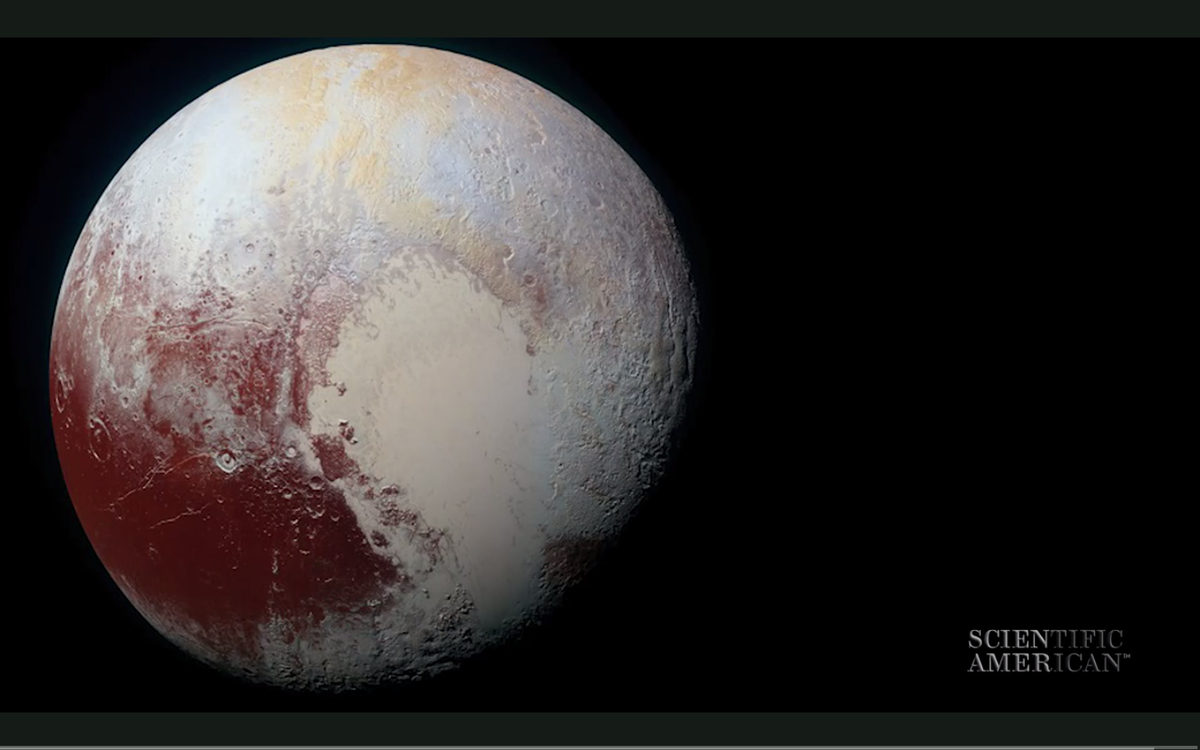sciam's tweet image. Watch: A day on Pluto reconstructed from images taken by NASA's New Horizons spacecraft bit.ly/1Qp3YPO