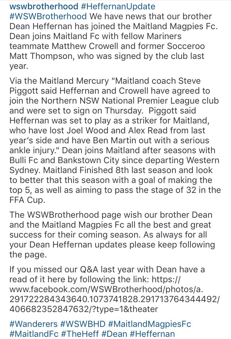 WSWBrotherhood's tweet photo. #HeffernanUpdate #WSWBrotherhood We have news that our brother Dean Heffernan has joined the Maitland Magpies Fc. https://t.co/mERsxut5jL