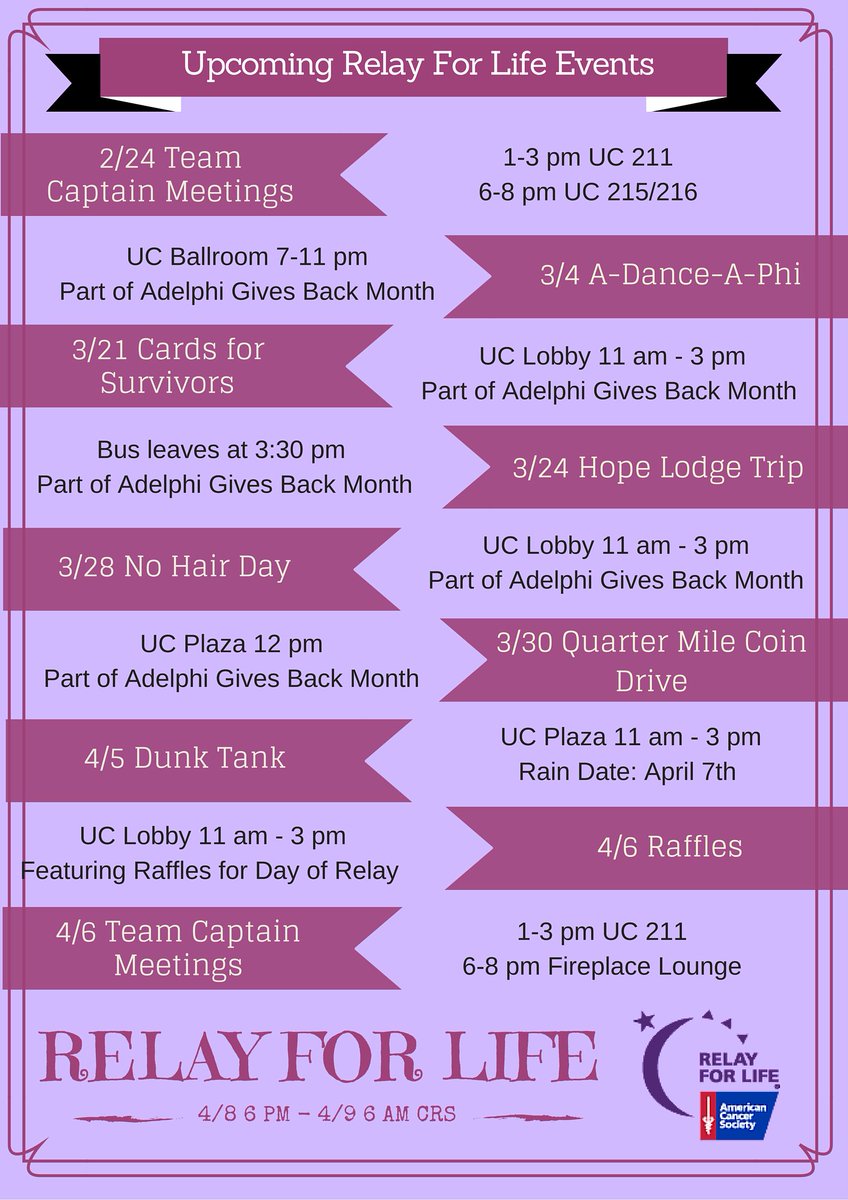 AdelphiRelay's tweet image. Check out the upcoming events the Relay For Life Committee has in store for you! #AdelphiRelay #PaintAdelphiPurple