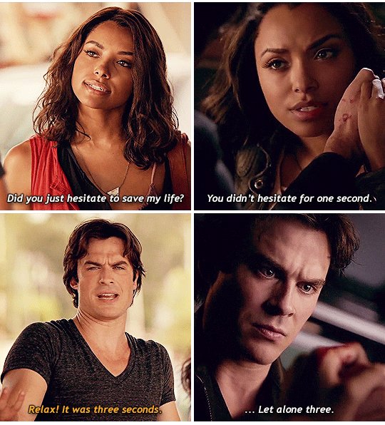 bonneibennett's tweet photo. "Relax, it was three seconds!" to "You didn't hesitate for one second, let alone three." #Bamon #TVD @cwtvd https://t.co/OmzeATY2zU