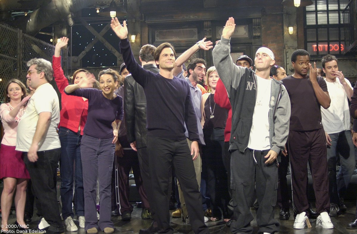nbcsnl's tweet photo. #SNLVintage tonight at 10pm ET:

Host - @RobLowe
Music - @Eminem
Original Air Date – October 7, 2000 https://t.co/1d5cXzLroP