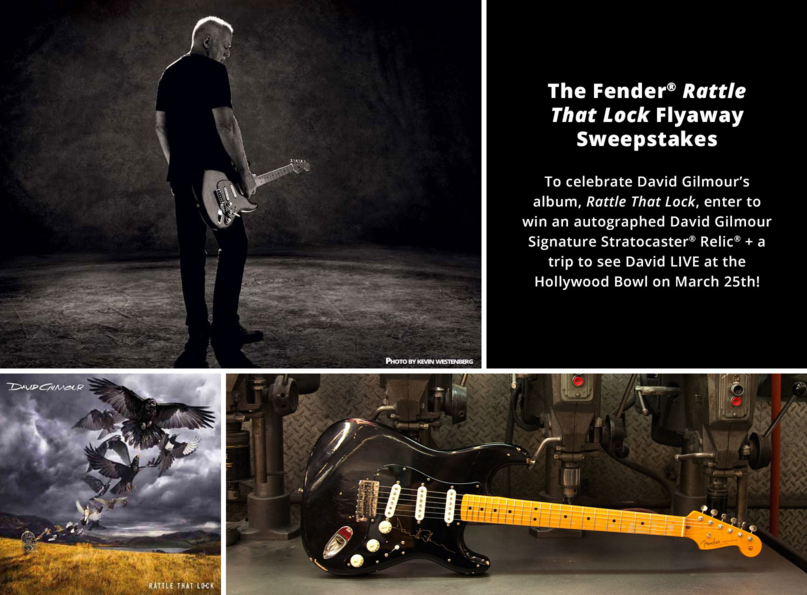Fender's tweet photo. WIN #DavidGilmour's #Strat Relic w/ an autographed pickguard &amp; a trip to his 3/25 concert! https://t.co/QwVPtKb5mD https://t.co/NZczka0Pl8