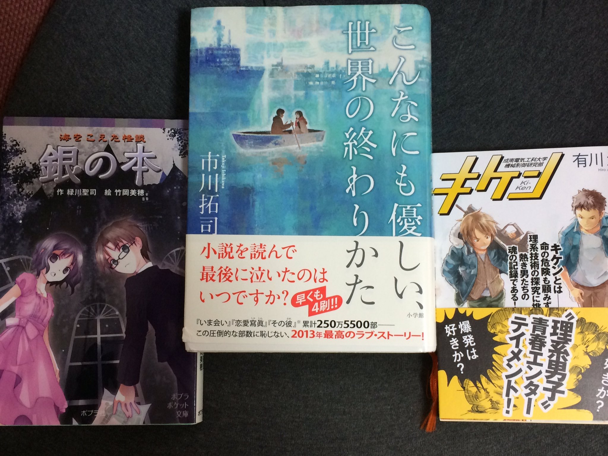 リンゴ 私が持ってる小説の中で オススメ ってやつはこの三冊かな こんなにも優しい 世界の終わりかた 恋愛小説 です 世界観に引き込まれますね キケン 理系男子の青春小説です 面白いし 楽しかったです 笑いあり 少し感動 続く