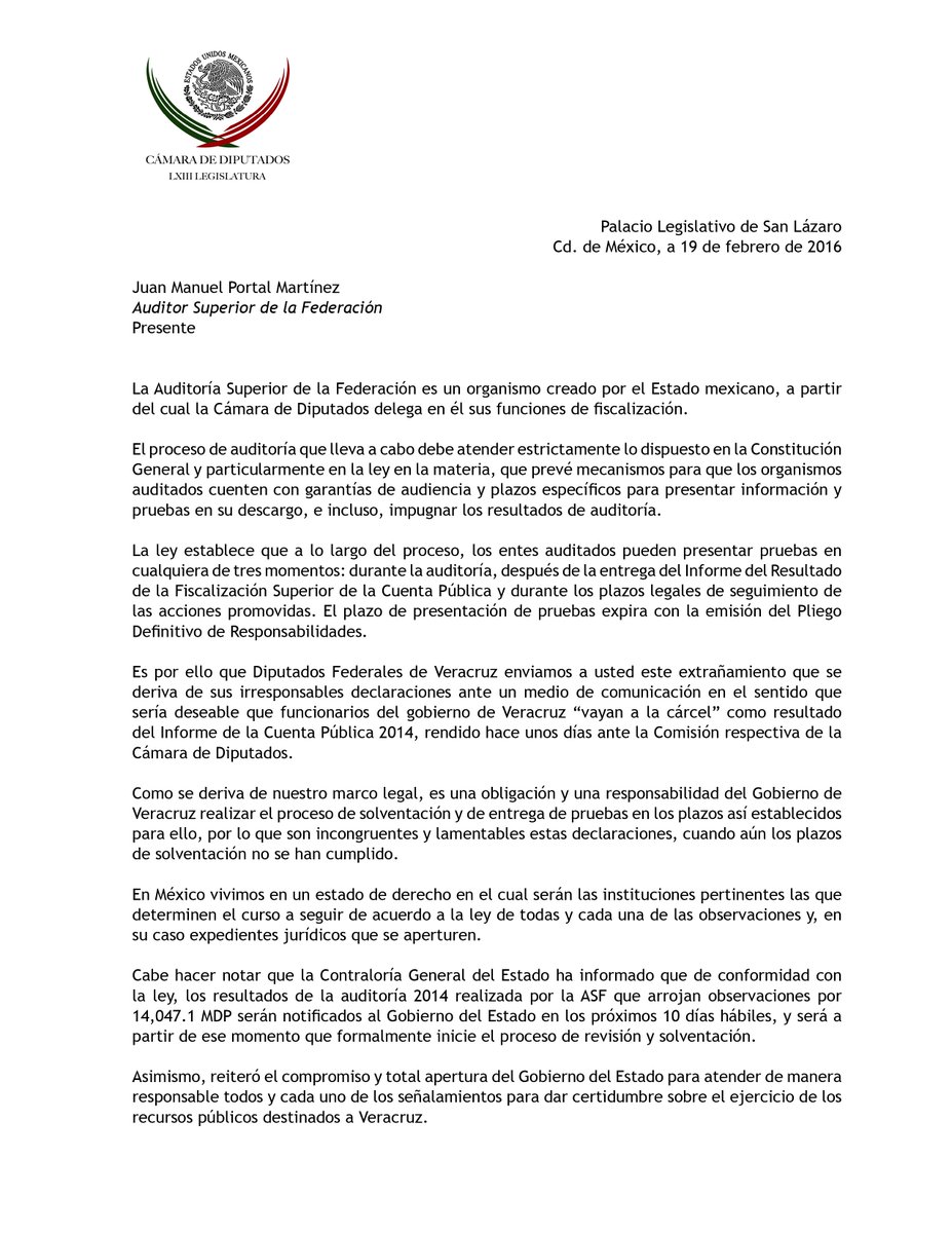 Javier Duarte on Twitter: "Carta de los Diputados 