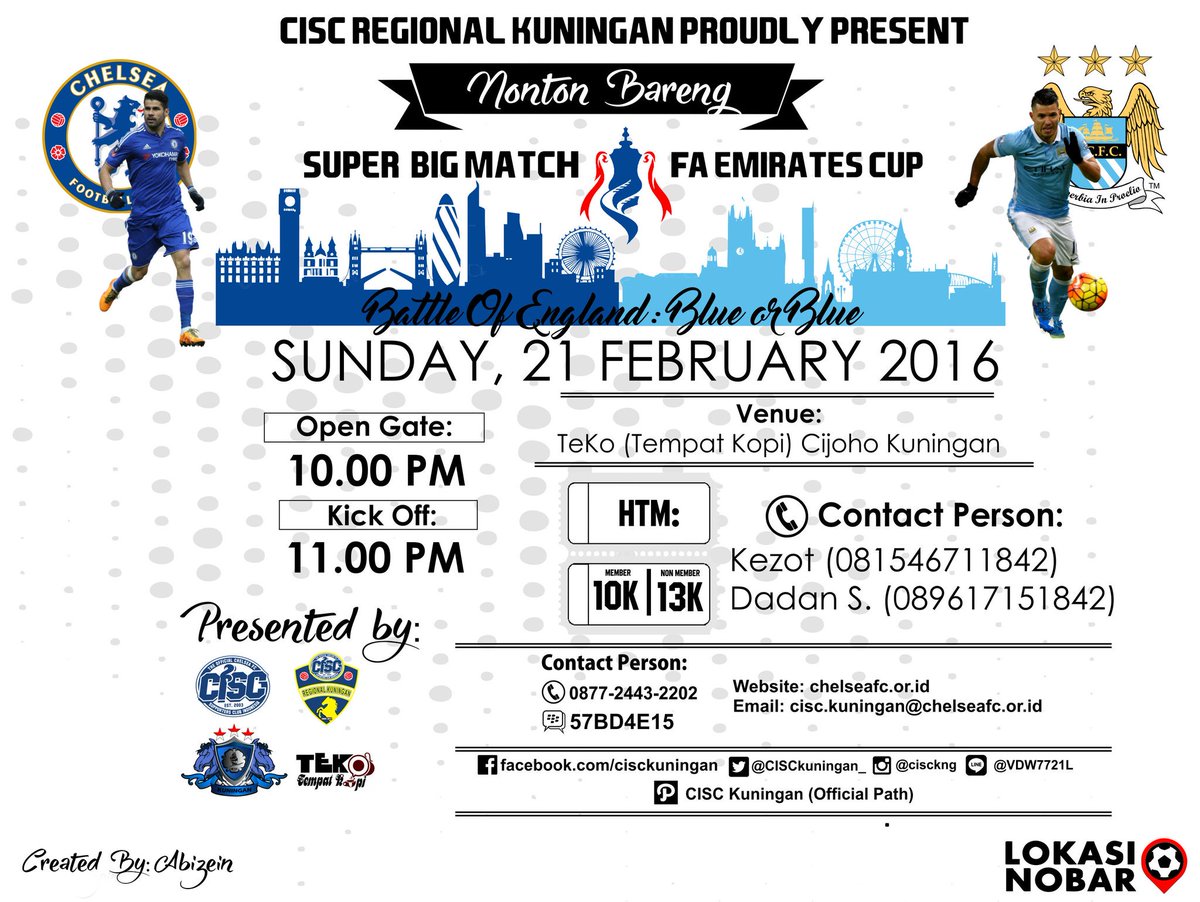 CISCkuningan_'s tweet photo. #NOBAR #CISCKuningan | CHELSEA v M. City | Minggu, 21/2/16 | @teko_kopi | OG: 22.00 | CP: 081546711842 Lokasi_Nobar https://t.co/I3AHqzk7N8