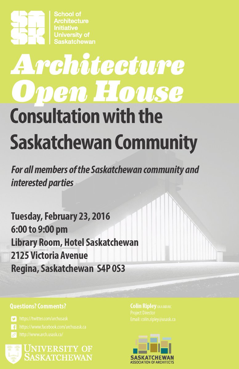 archusask's tweet photo. @UofRegina Interested in Architecture? @archusask initiative Open House: Tuesday Feb. 23 6-9 pm, Hotel Saskatchewan. https://t.co/u0Gmog22KN