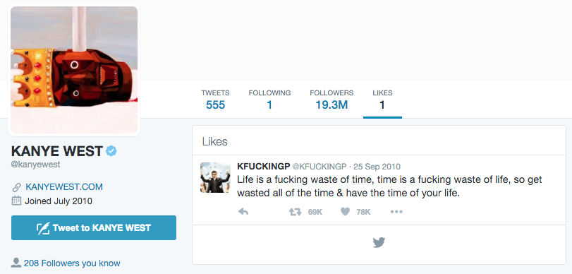 itziansta's tweet photo. my favorite thing about #KanyeTwitter is his only like is a kenny powers quote https://t.co/x4DWuKnjU7