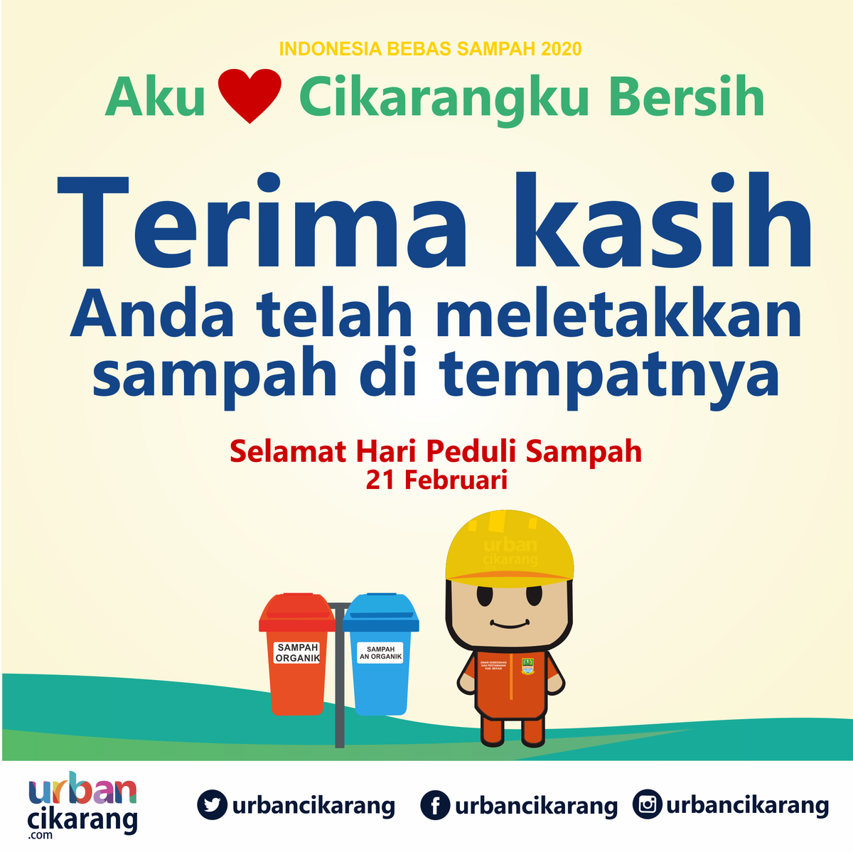 urbancikarang's tweet photo. Terima kasih Anda telah meletakkan sampah di tempatnya. Aku cinta Cikarangku bersih. #HariPeduliSampah 21 Februari https://t.co/nJBCdnoRYh