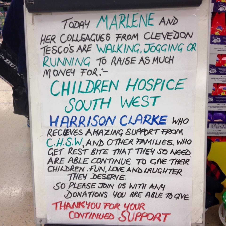Raising money today for <a href="/CHSW/">Children's HospiceSW</a> in Tesco Clevedon today.The collegues are running, jogging and walking to show support