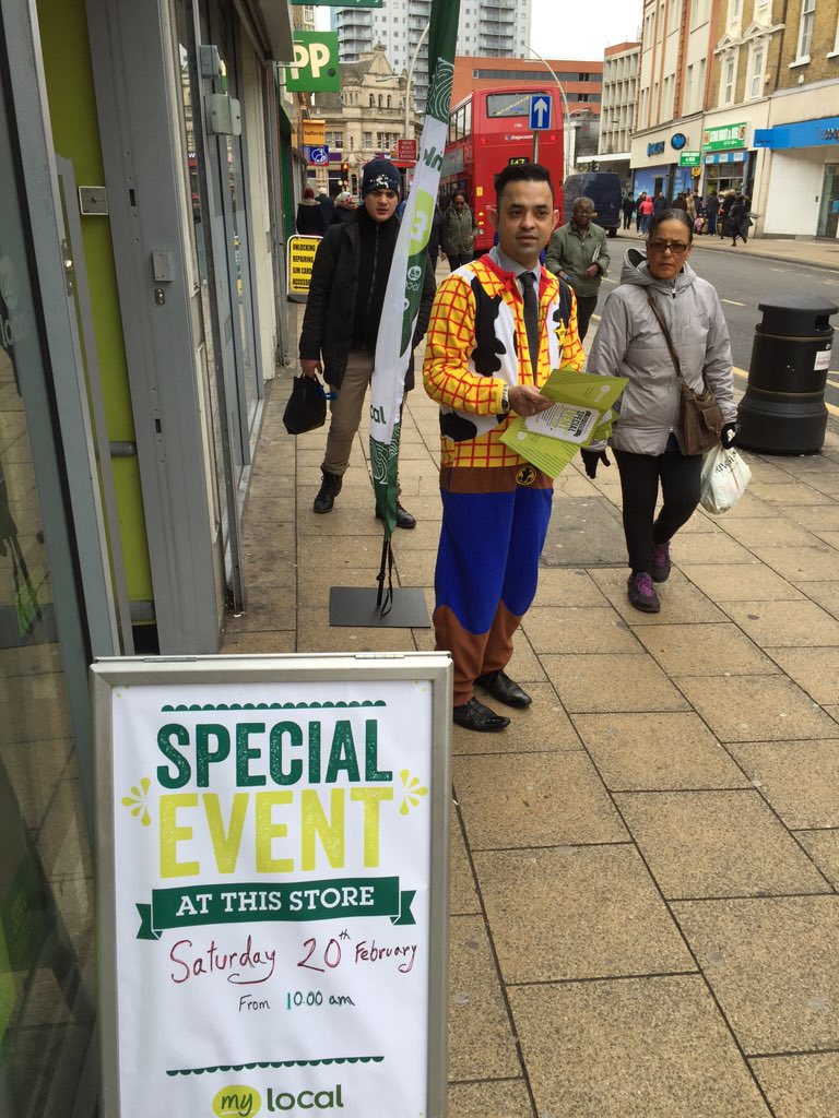 Woody welcoming customers to Ilford fun day...