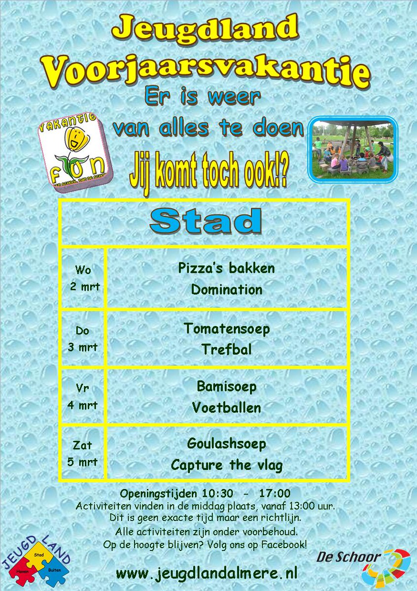 Weet jij nog niet wat je moet doen tijdens de #voorjaarsvakantie?!
<a href="/JeugdlandStad/">Jeugdland-Stad</a> heeft leuke activiteiten voor je