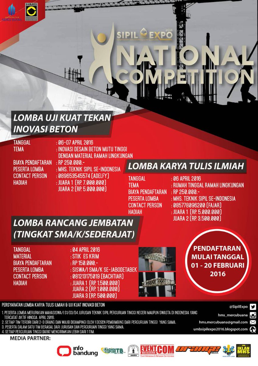 Selamat sore! H-40 menuju SIPIL EXPO 2016. Ayo tunjukan karya kreatif teman2 di NATIONAL COMPETITION. Be a winner!:)