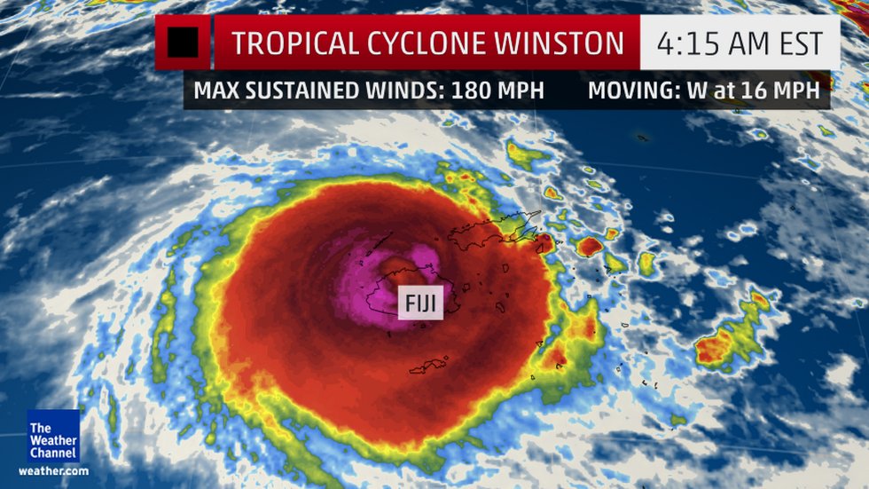 weatherchannel's tweet photo. BREAKING: #Winston is strongest #tropical cyclone on record to landfall in #Fiji with 180 mph max sustained winds. https://t.co/CyO4LUoroS