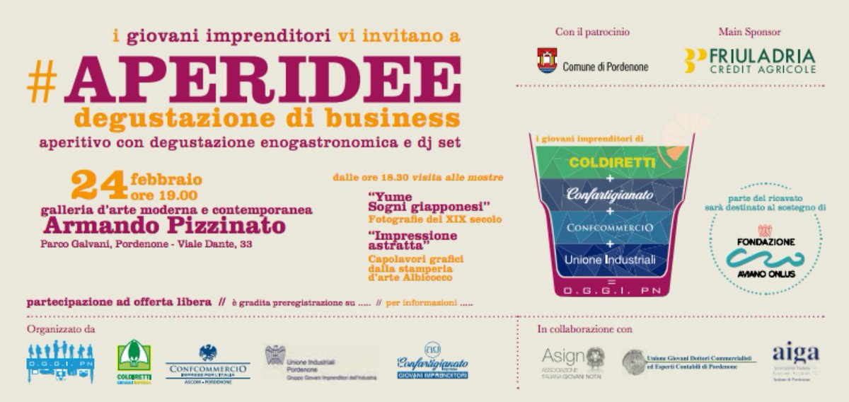 GiovArtiFVG's tweet photo. #APERIDEE Mercoledì 24 a Pordenone si parla di business e solidarietà con i #giovani #imprenditori di #OGGIPN https://t.co/tETSHNIe3V