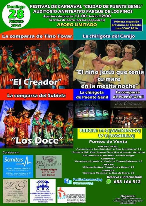 Festival Carnaval Auditorio Los Pinos. 12:00h. Info 638 166 312 <a href="/Carnavaladictos/">𝘾𝙖𝙧𝙣𝙖𝙫𝙖𝙡𝙖𝙙𝙞𝙘𝙩𝙤𝙨</a> <a href="/ChirigotaPGenil/">Chirigota de Puente Genil</a> <a href="/ComparsaPG/">Comparsa PuenteGenil</a>
