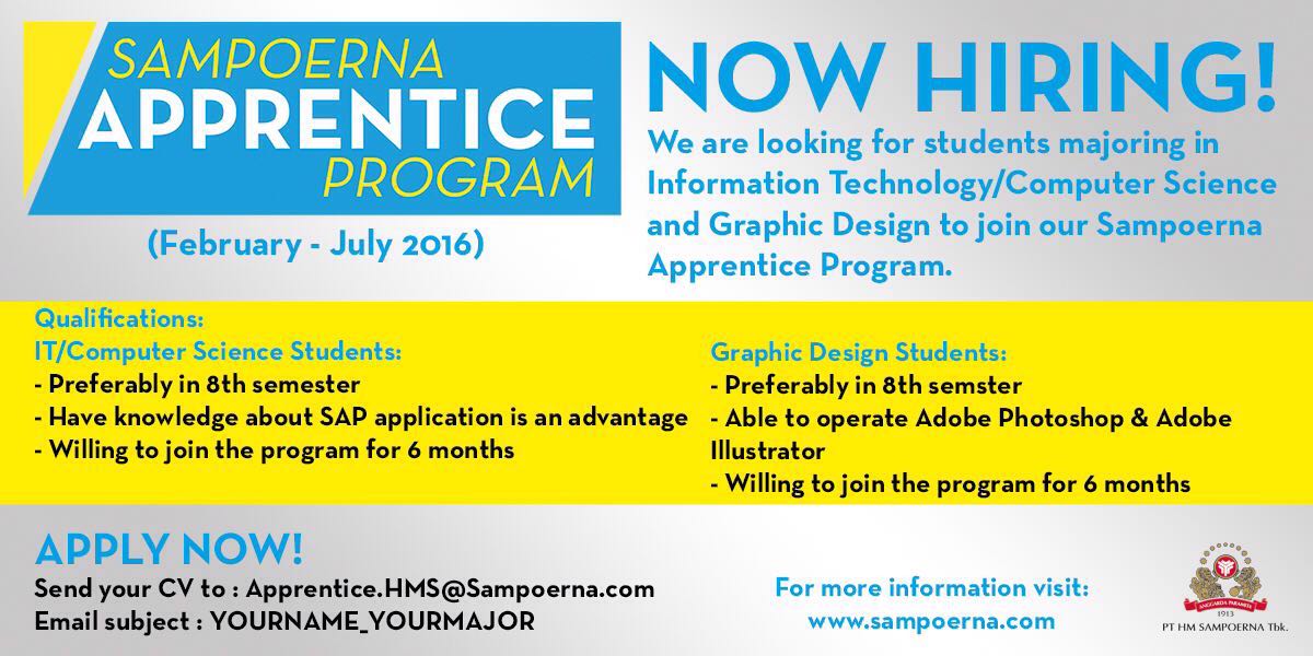 KampusUpdate's tweet photo. Sampoerna Apprentice Program hiring student with Graphic Design background. Apply now!apprentice.hms@sampoerna.com https://t.co/TpsNePD4gl