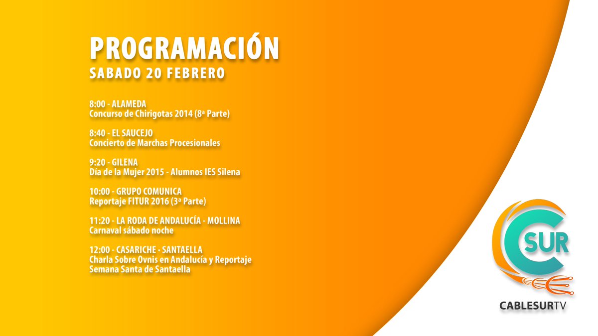 Cablesur_TV's tweet photo. PROGRAMACIÓN 
SABADO 20 FEBRERO https://t.co/uapyO0w0Ne