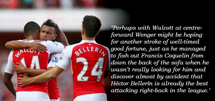 RonayQuotes's tweet photo. "he managed to fish out Francis Coquelin from down the back of the sofa" 
Ronay on Walcott, Coquelin &amp; Bellerin #AFC https://t.co/V715dR6Tun