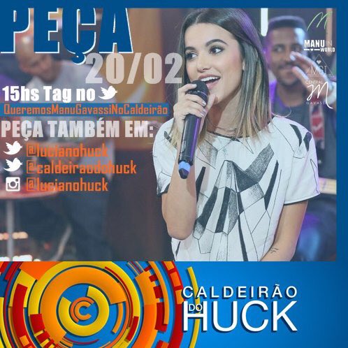 ManuInWorld's tweet photo. Hoje o #DivulgueManu será para pedir no Caldeirão do Huck, e usaremos a tag na hora do programa. Esperamos vocês! https://t.co/2PemhJ0c0R