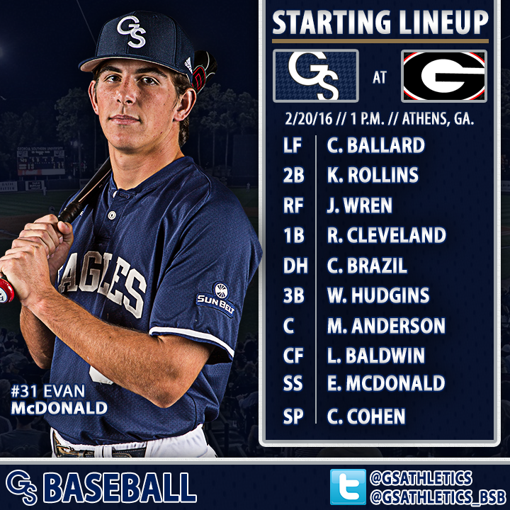 GSAthletics_BSB's tweet photo. BSB - Here's your starting nine for Game Two of the series at Georgia. First pitch at 1:04 p.m. https://t.co/Uba6nlkKsk