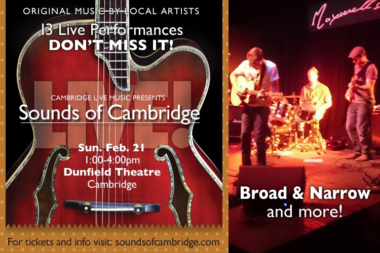 CbridgeMusic's tweet photo. Don't miss @BroadNarrow & more at #SoundsofCambridge LIVE! tmrw! Adv tix still avbl https://t.co/9ptw2U6x4X https://t.co/6fHkPlwiwz