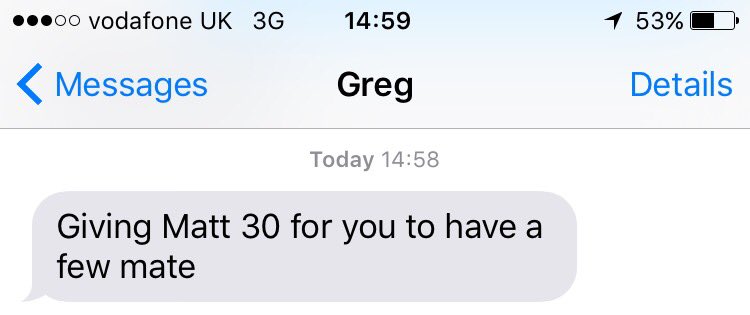 JackHodgee's tweet photo. He's working away on my birthday but that doesn't stop him #GenerousJohn @MattBaker93 @gregjohnston19 https://t.co/e9Z0PkqcU1