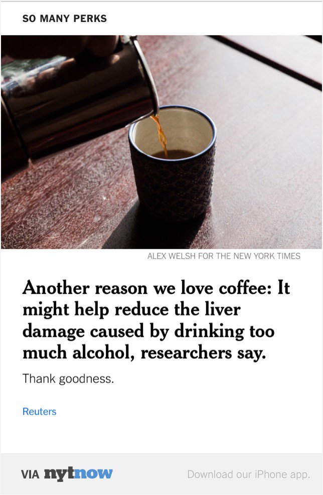 strokevolpi's tweet photo. Drinking More Coffee May Undo Liver Damage From Booze – via @NYTNow  https://t.co/0yGPld5FsI https://t.co/1lbbdOV42i
