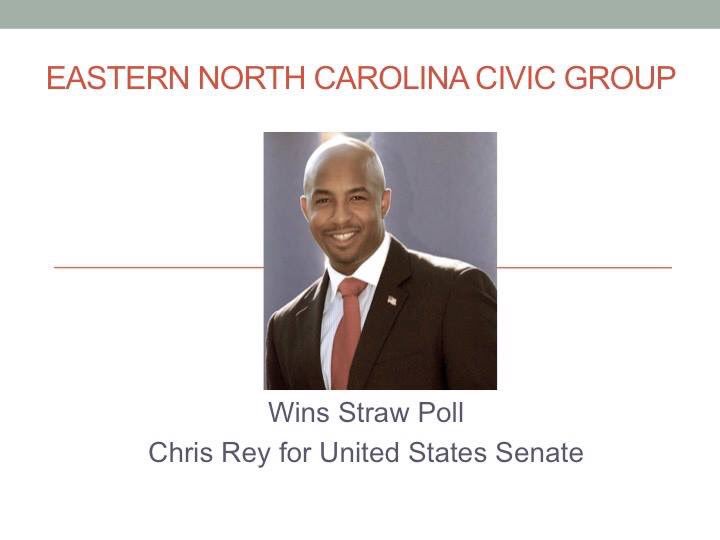 RealChrisVRey's tweet photo. BREAKING GRASSROOTS NEWS Mayor Chris Rey wins Eastern North Carolina Civic Group Straw Poll for U.S. Senate #Rey2016 https://t.co/OCUH1h4KH0