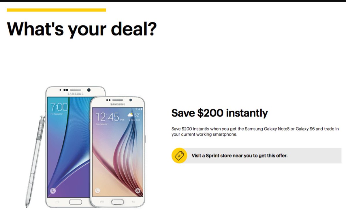 SprintStore122's tweet photo. Save $200 when you get a Samsung Galaxy Note 5 or Galaxy S6 &amp; trade in a current working smartphone. In-store only. https://t.co/qnTtEIFb4j