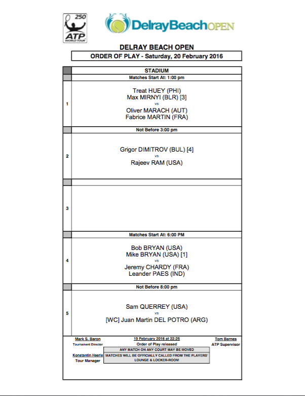DelrayBeachOpen's tweet photo. Today's order of play for Semifinal Saturday! #DelrayBeachOpen #DBO https://t.co/v4zAgUw1Ih