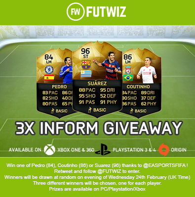 FUTWIZ's tweet photo. Win Pedro(84)/Coutinho(86)/Suarez(96)! Follow+RT to enter, winners drawn Weds 24th Feb https://t.co/8WVuu444Ta https://t.co/Sxt9ftxYB7