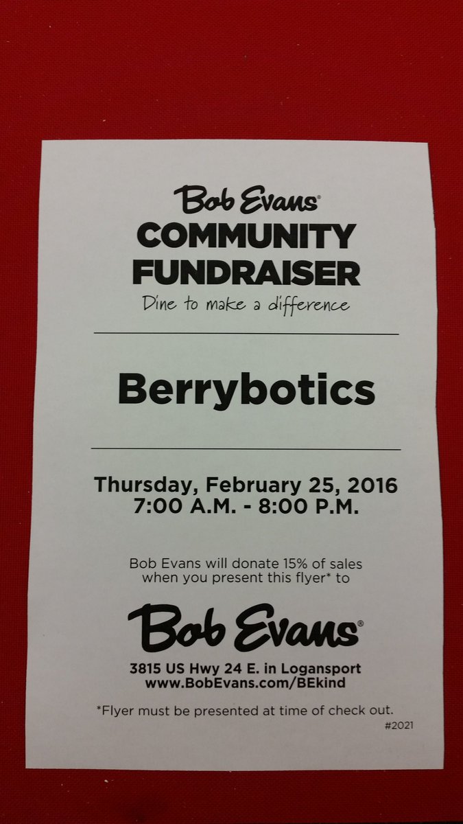 BerryBotics's tweet photo. We have a fundraiser this year with Bob Evan's! Present this flyer after you dine to donate to our team! #berrybots https://t.co/Y79BWqlAnD